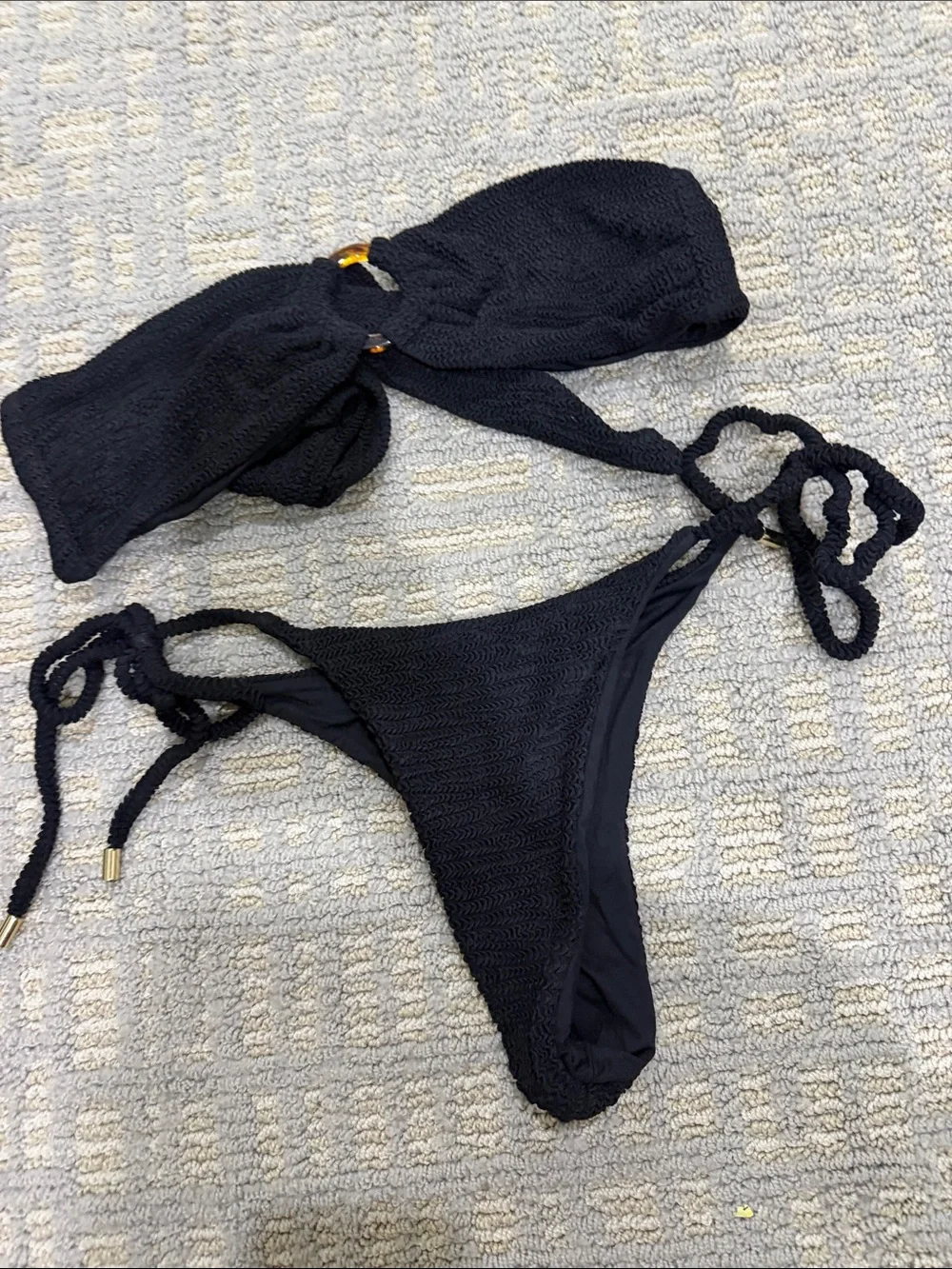 Monday Swimwear Black Textured Bandeau Tie Bikini